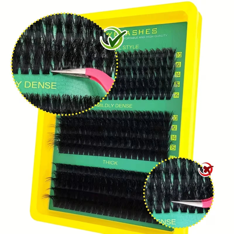 A yellow packaging box displaying various lengths of black mink-like individual cluster lashes.