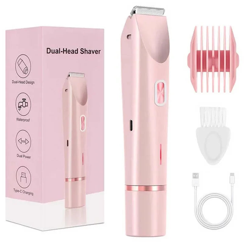 A pink dual-head electric shaver with a charging cable and replacement foil shown next to its packaging.