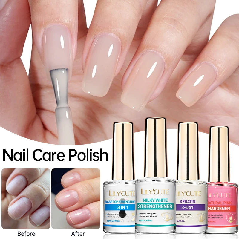 Une main montre les résultats avant et après de l'application d'un vernis renforçant rose blanc laiteux.