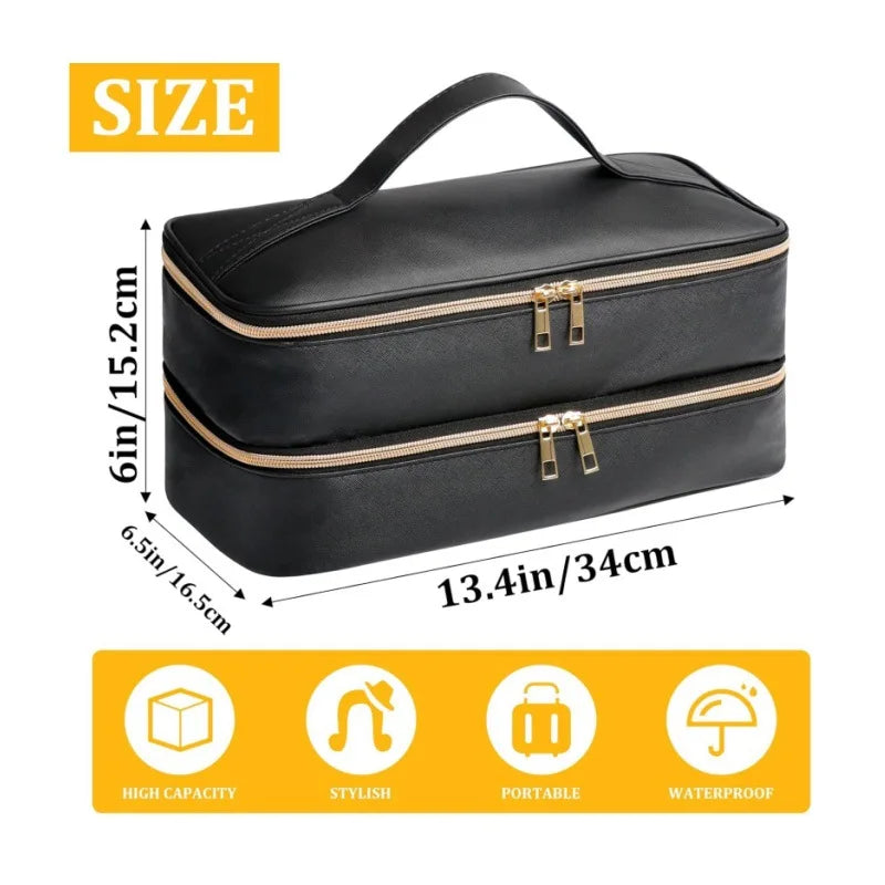 Black PU leather hair dryer storage bag with gold accents, showing dimensions and features.