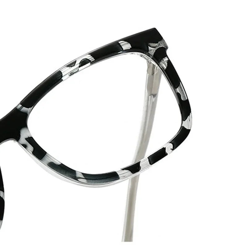 A close-up view of a black and white patterned anti-blue light eyewear frame with clips.
