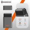 A black electric shaver and charging case are shown with features like Type-C charging, IPX6 waterproof rating, and a clam si
