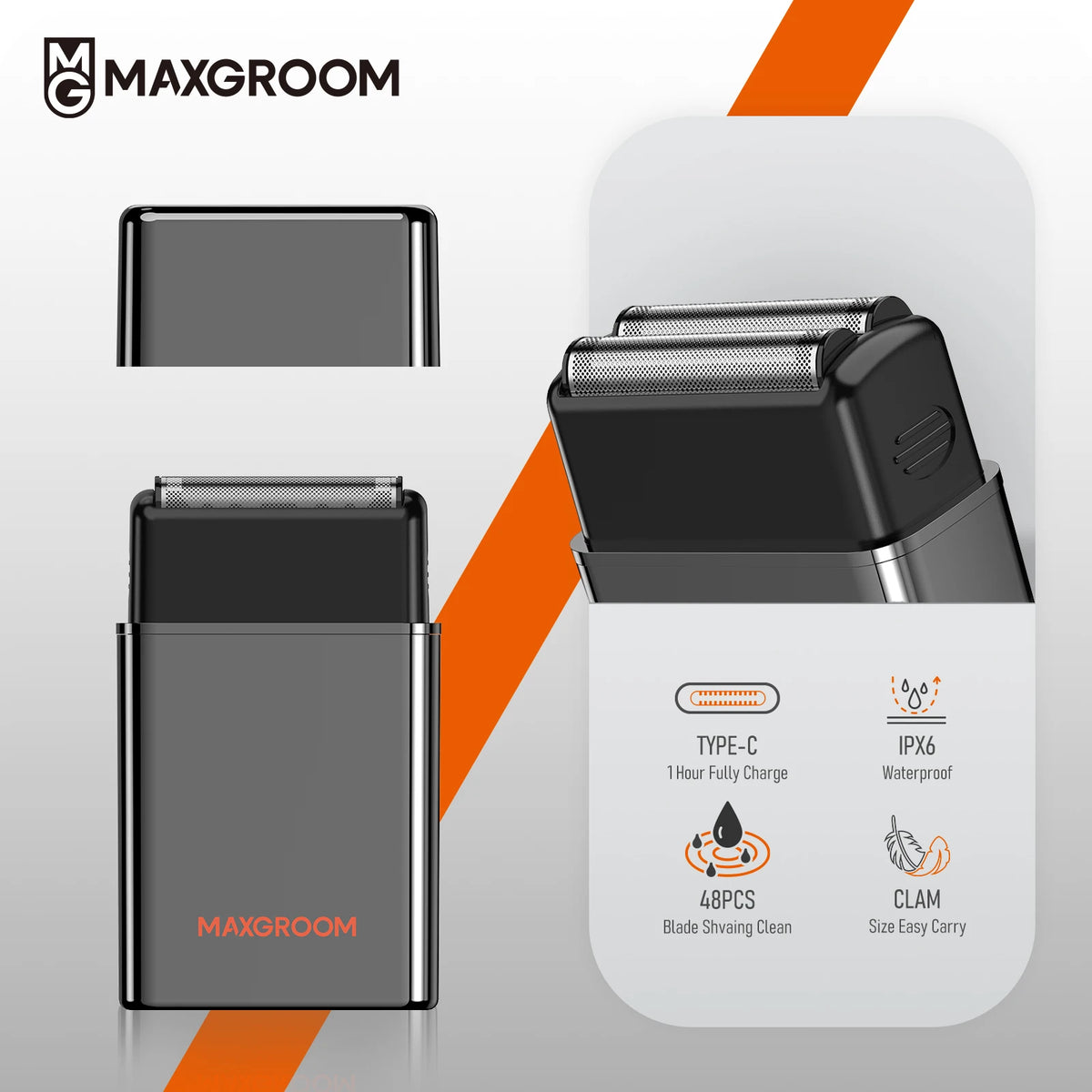 A black electric shaver and charging case are shown with features like Type-C charging, IPX6 waterproof rating, and a clam si