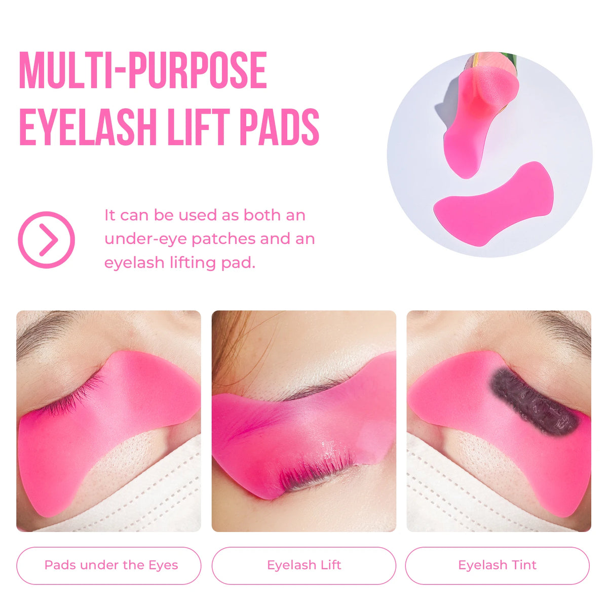 Pink silicone lash lift pads used for under-eye patches, eyelash lifting, and tinting.