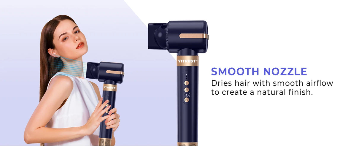 A woman is using a smooth nozzle hair dryer brush to dry her hair for a natural finish.