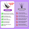Product comparison showing invisible band lashes versus heat bonded lashes with various lash thicknesses and features.