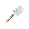 A white curved vented hair brush with numerous fine teeth for blow drying and detangling.