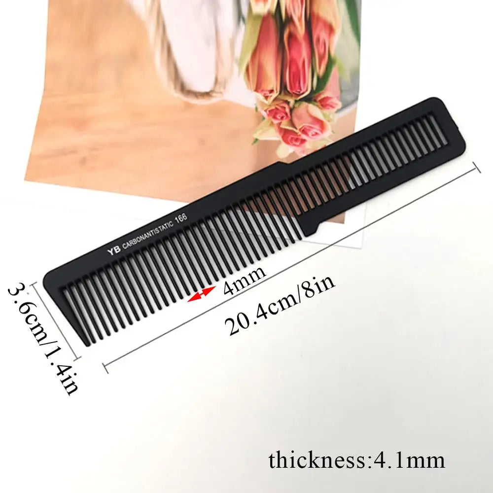A black anti-static carbon hair comb with 20.4cm length and 4mm teeth shown against a light background.