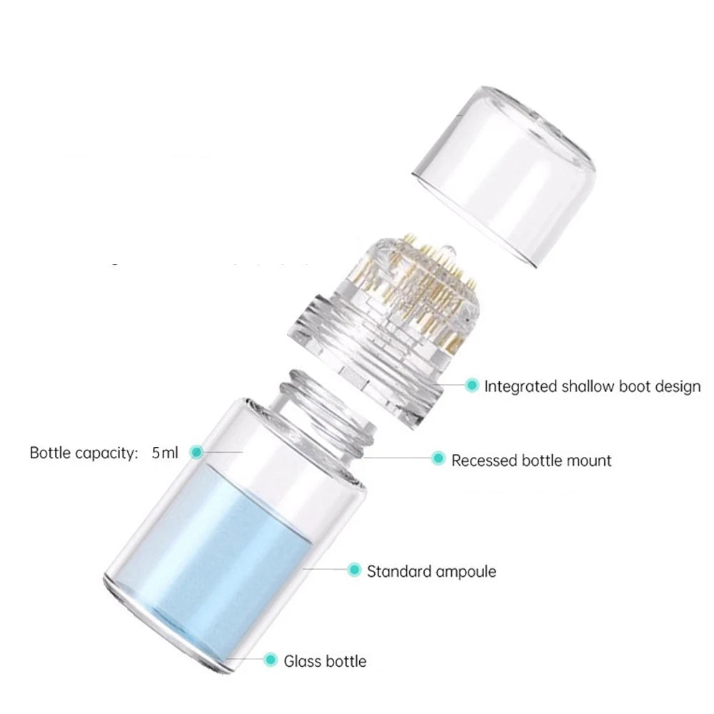 A professional microneedling stamp set showing a glass bottle with an integrated shallow boot design and a recessed bottle mo
