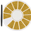 A circular plate holding numerous gold mixed stainless steel bead nail art decorations arranged in radiating sections.