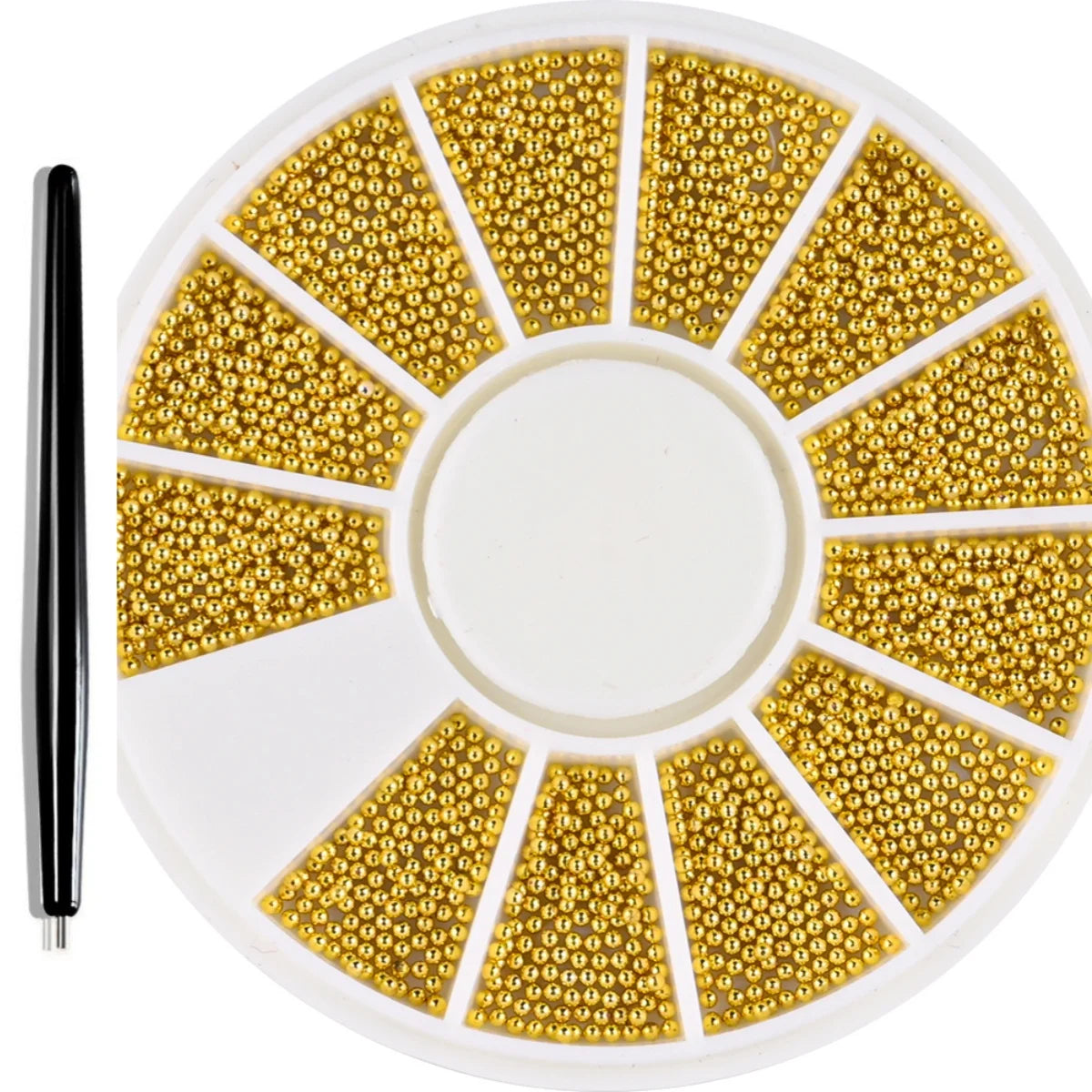 A circular plate holding numerous gold mixed stainless steel bead nail art decorations arranged in radiating sections.