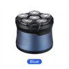 Blue electric rechargeable hair trimmer with multiple grooming attachments.