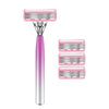 A silver and pink professional 6-layer stainless steel safety razor with a purple handle.