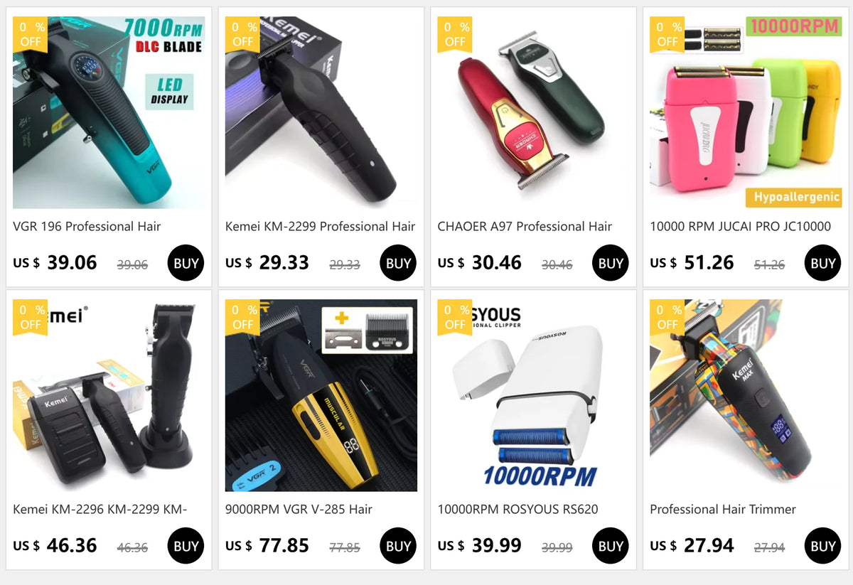 A collection of professional cordless electric hair clippers and trimmers with various colors and performance ratings.