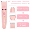 A pink 3-in-1 trimmer and shaver set with three interchangeable blades for face, upper lip, arm, leg, and underarm grooming.