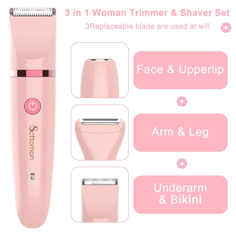 A pink 3-in-1 trimmer and shaver set with three interchangeable blades for face, upper lip, arm, leg, and underarm grooming.
