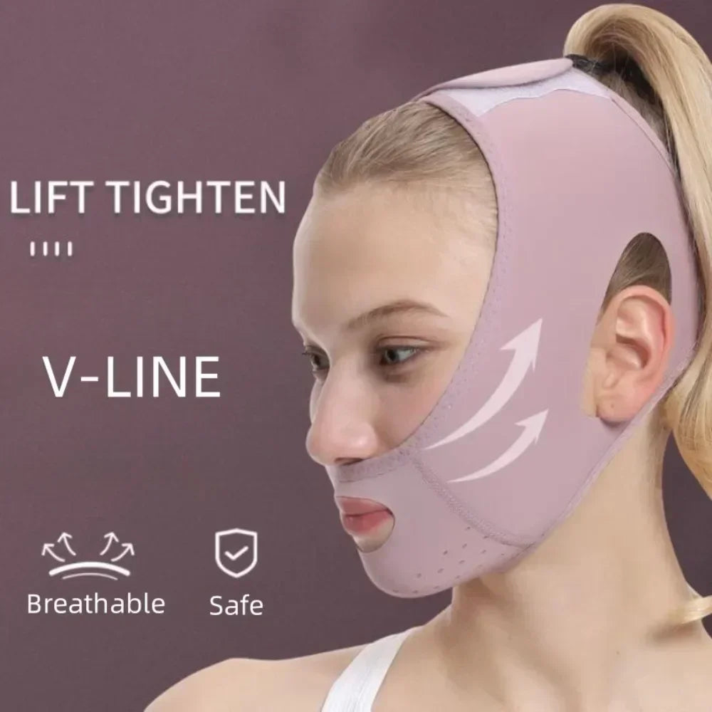 A woman is wearing a pink V-Line face slimming lifting bandage on her face.