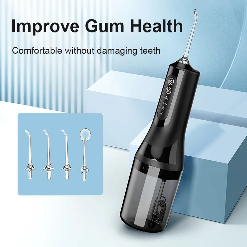 A black portable electric dental floss and oral irrigator device shown next to a box, with various flossers displayed below.