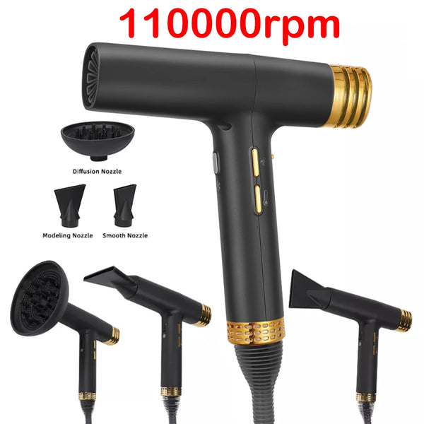 Sèche-cheveux professionnel noir à batterie sans balais haute vitesse avec différents embouts.