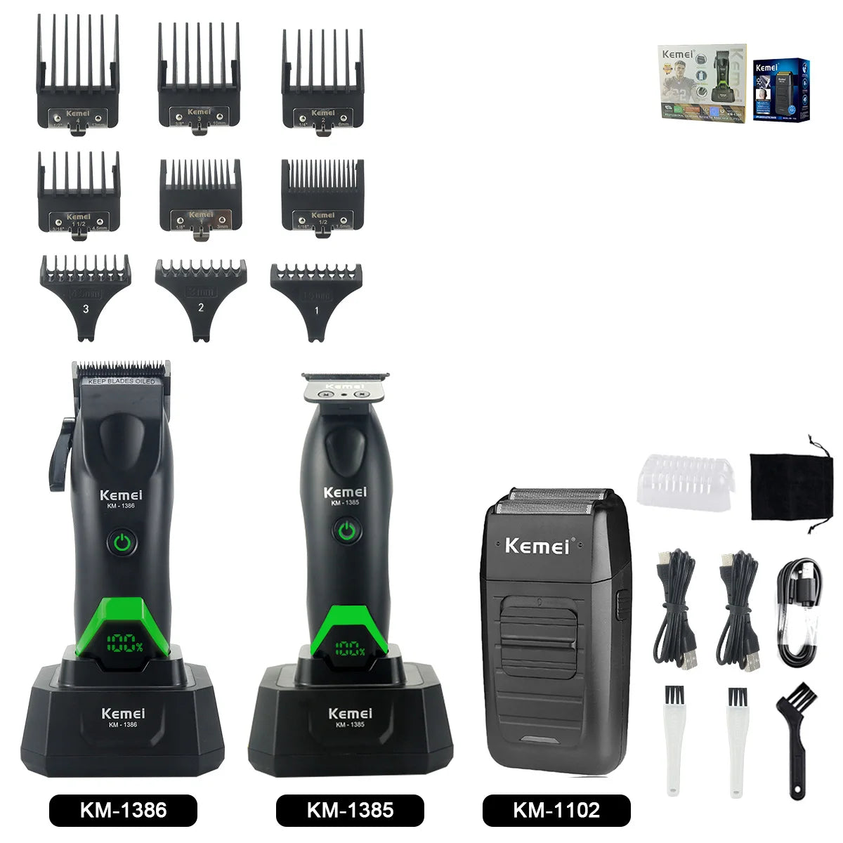 A collection of Kemel electric hair trimmers and accessories including various sizes and attachments.