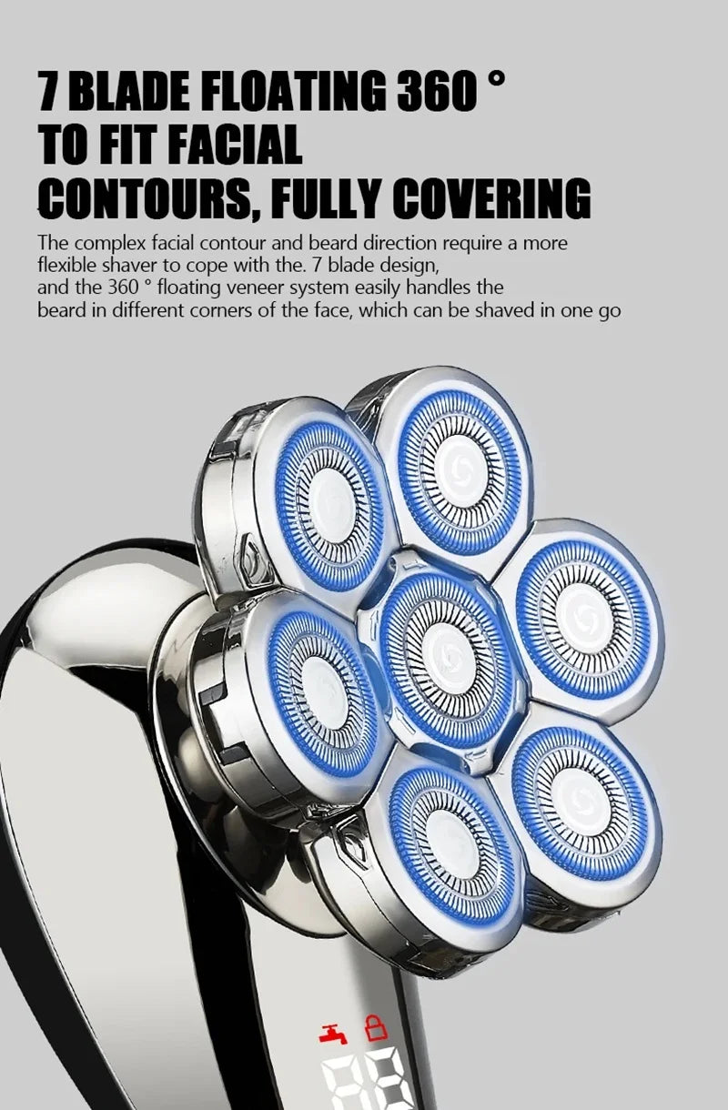 Close-up of a facial shaver with seven floating blades designed for full coverage.