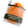 A clear plastic pouch containing an orange African bath sponge for body exfoliation