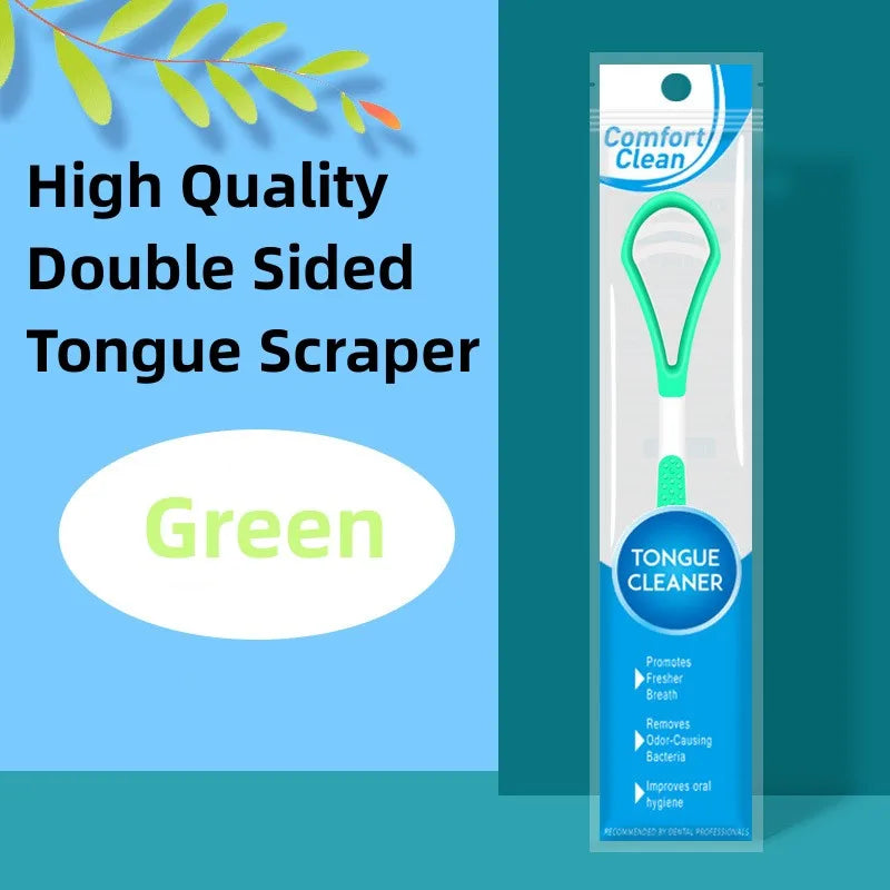 Racloir à langue en silicone vert emballé dans un tube en plastique transparent pour l'hygiène buccale.