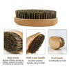 A set of boar bristle beard brush and comb with a wooden handle shown in various angles.