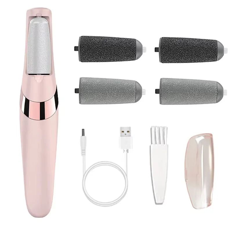Un fichier électrique rose pour les pieds et un correcteur de callos avec divers accessoires.