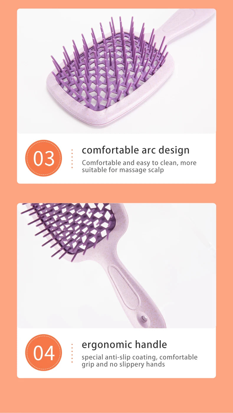 A purple professional detangling hair brush with a comfortable arc design and an ergonomic anti-slip handle.