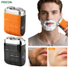 Orange and black dual-head electric shaver for men showing before and after results