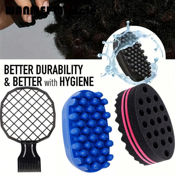 A set of three rubber hair styling tools including a comb, a curler, and a roller for styling curls and waves.