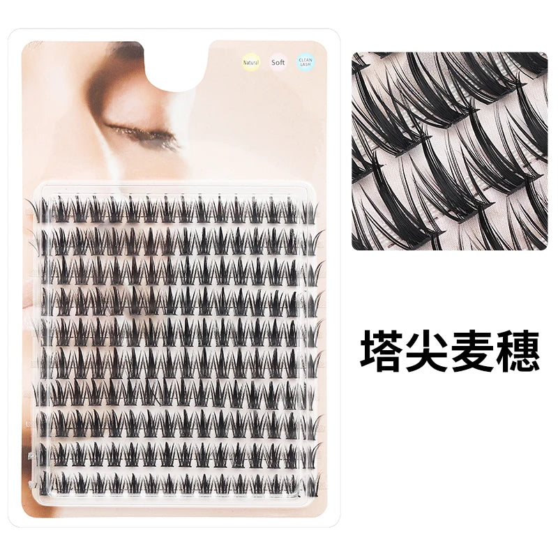Kit pour extensions de cils individuels DIY, montrant une grille de faux cils noirs et un gros plan de cils naturels.