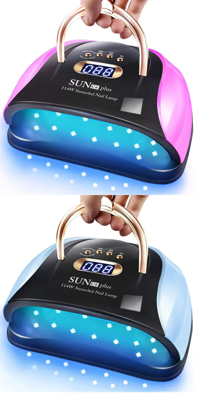 A pink and black SUNplus nail lamp is shown being held, featuring an 088 brightness setting.