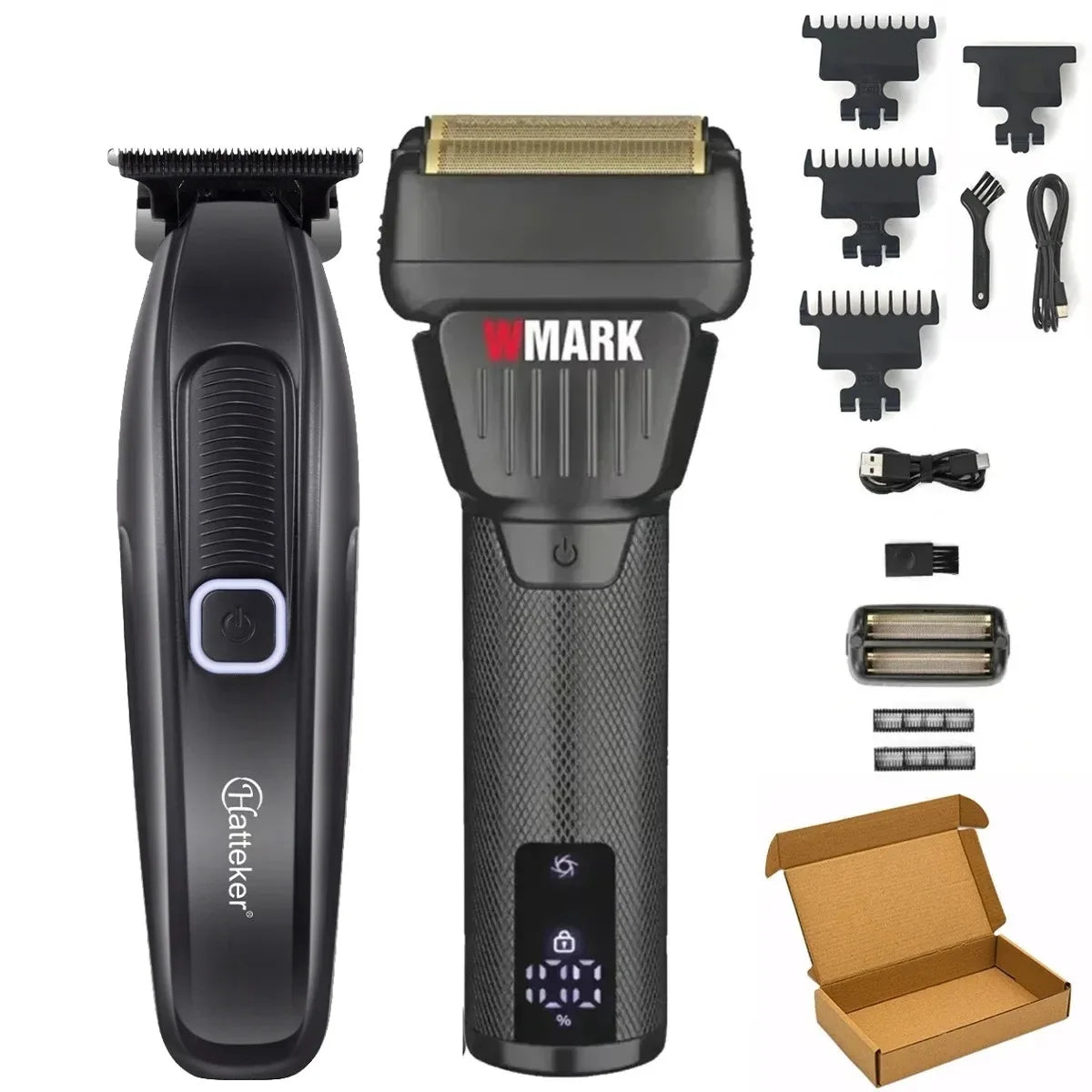A black electric hair clipper trimmer with a gold-colored blade and accessories displayed on a cardboard box.