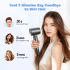 A woman is using a professional high-speed ionic hair dryer to dry her long hair.