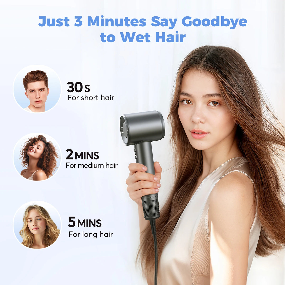 A woman is using a professional high-speed ionic hair dryer to dry her long hair.