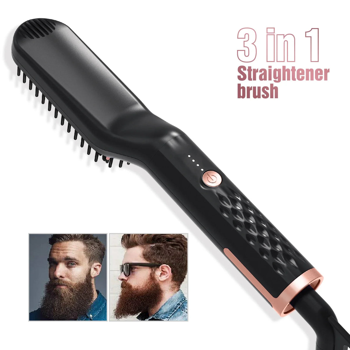 A black 3 in 1 straightener brush for beard styling, shown with close-ups of styled beards.