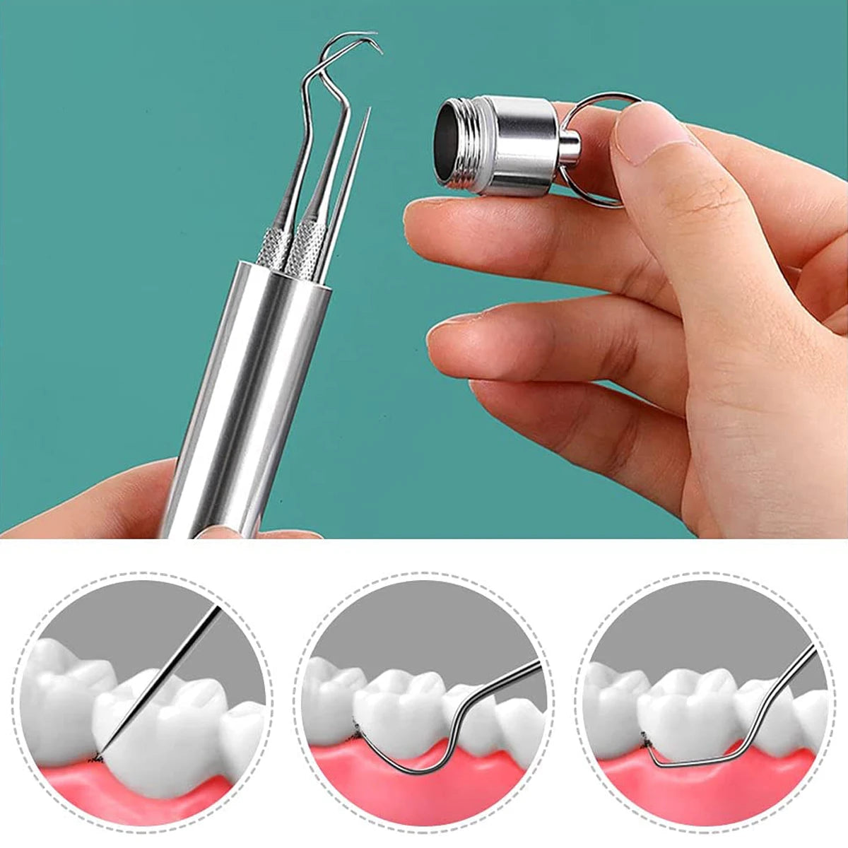 A hand holds a reusable aluminum toothpick set with metal tips, shown alongside close-ups of the tool used for oral cleaning.