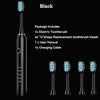 Black sonic electric toothbrush package including brush heads and charging cable