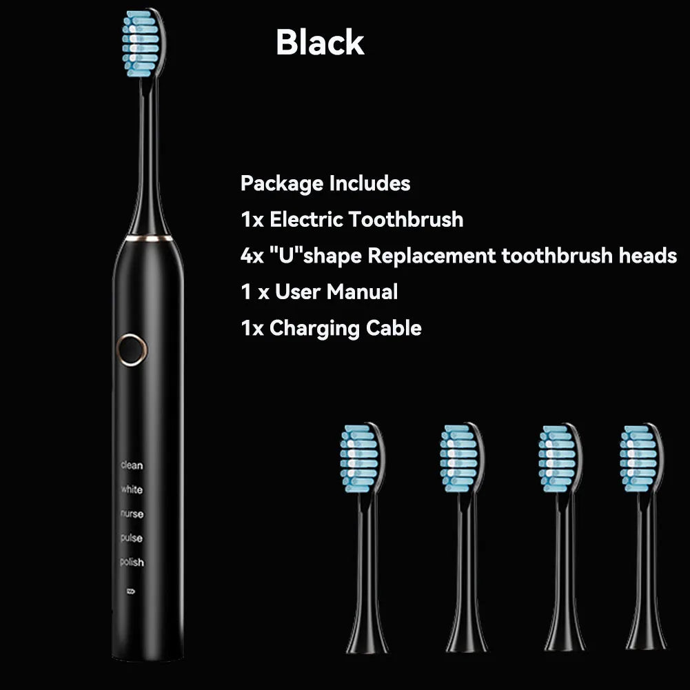 Black sonic electric toothbrush package including brush heads and charging cable