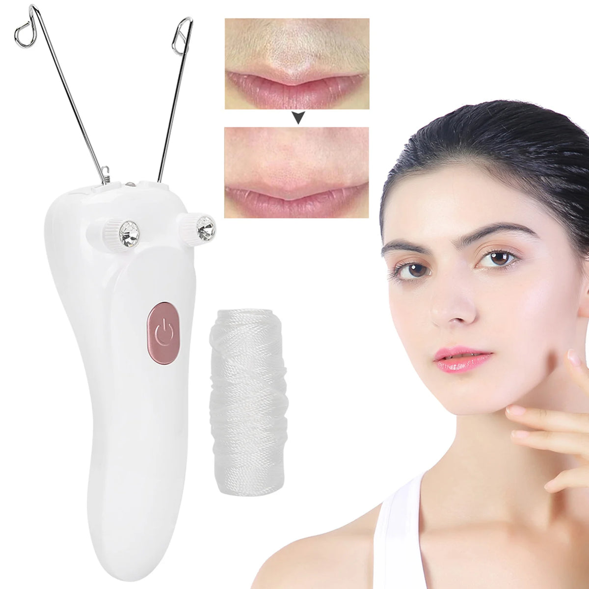 A white electric facial hair remover device and a spool of thread next to a woman's face.