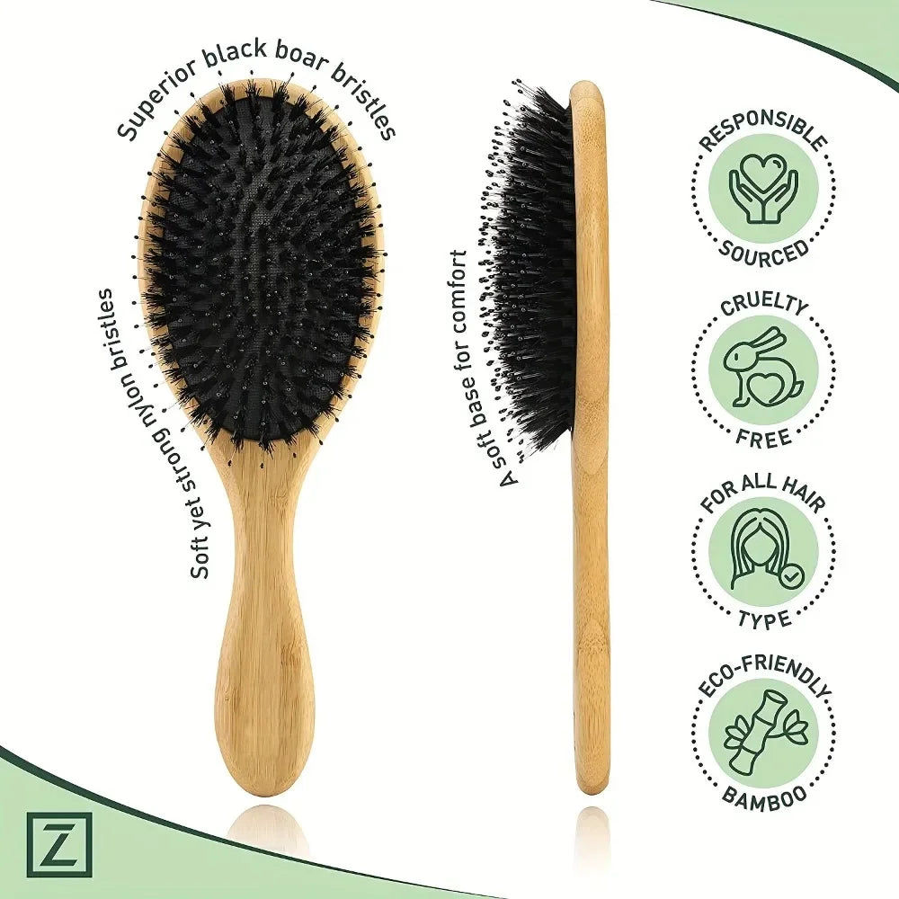 A wooden hair brush with black boar bristles and a bamboo handle for hair care.