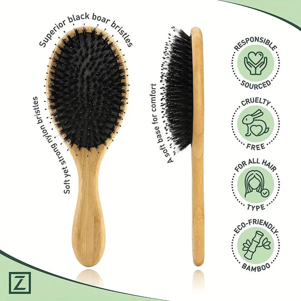 A wooden hair brush with black boar bristles and a bamboo handle for hair care.