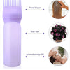 A purple bottle of hair color applicator comb with fine teeth, showing usage examples for perm water, hair dye, and aromather