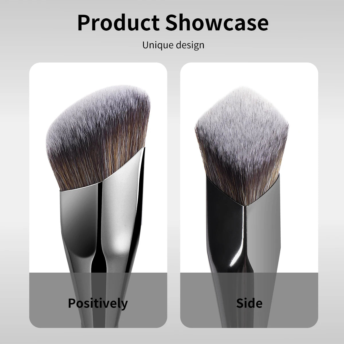 A showcase of a professional makeup brush set featuring a silver handle and soft, dense bristles shown from the positive and 