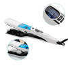 A white professional dual voltage hair straightener iron with a black comb attachment and a digital display.