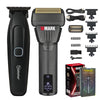 A black professional electric hair trimmer with various attachments shown next to the main unit.