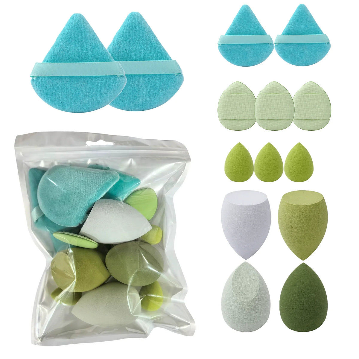 Un ensemble de tampons de maquillage et de puffs en poudre à plusieurs faces, dans diverses nuances de bleu-vert et de blanc.