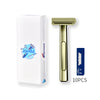 A gold-colored double-edge safety razor and its packaging box are shown.